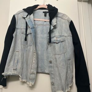 Aqua jean jacket with sweatshirt hood and sleeves